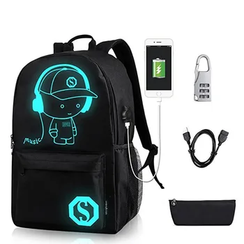 Аниме, светящаяся школьная сумка, школьный рюкзак для мальчика, рюкзак для девочки, Многофункциональный USB-порт для зарядки и замок, школьная сумка, Черный