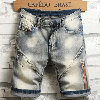 Новые летние мужские модные джинсовые шорты-стрейч в стиле Ретро, Хай-стрит, Старые облегающие короткие джинсы, дизайн сращивания, бренд 98% Хлопок