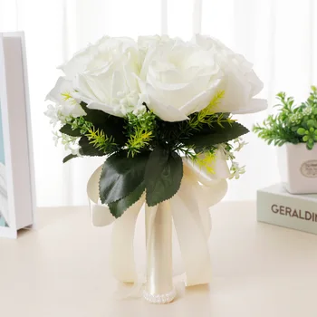 Свадебный букет подружки невесты, Белые шелковые розы, искусственные цветы в руках, Свадебный букет, Свадебный декор, Аксессуары, Подарки
