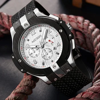 Мужские повседневные кварцевые часы MEGIR с 3D гравированным циферблатом, черные силиконовые часы с водонепроницаемым хронографом 3ATM, мужские наручные часы