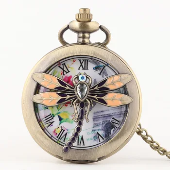 50 шт./лот Старинные Бронзовые кварцевые карманные часы Dragonfly, ожерелье с римским циферблатом, мужские Женские часы, Антикварные подарочные часы