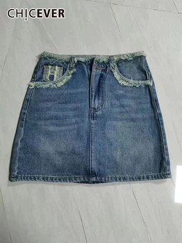 Женские узкие джинсовые юбки CHICEVER Colorblock с высокой талией и карманами в стиле пэчворк, Необработанный подол, облегающая юбка в складку, женская летняя одежда