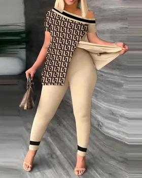 2023 Весенне-летний модный костюм с принтом, новый комплект из 2 предметов, женский топ с коротким рукавом и одним плечом, длинные брюки, женские комплекты