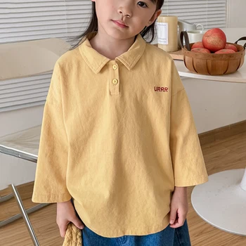 Детская весенняя Хлопковая футболка с длинными рукавами В Корейском стиле, Повседневные универсальные топы Для мальчиков и девочек, Модные рубашки ПОЛО, Топы